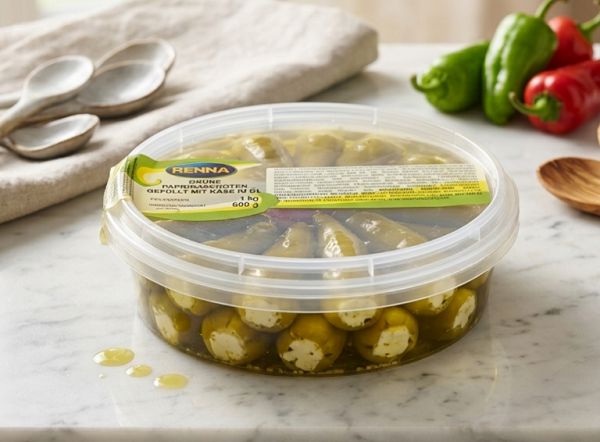 Peperoni GRÜN gefüllt mit Käse 1kg Schale mit Deckel *RENNA*  Italien