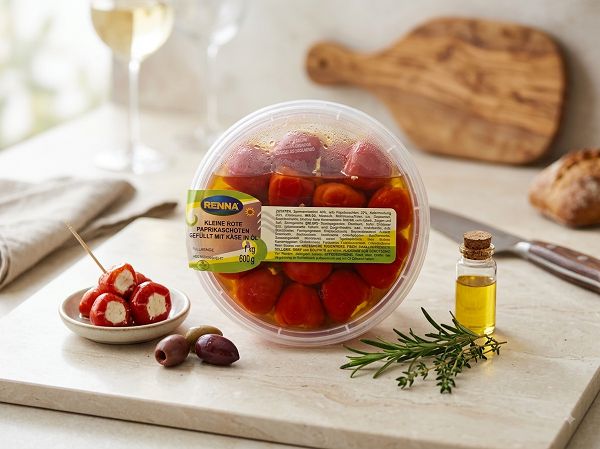 Mini-Paprika ROT gefüllt mit Käse 1kg Schale mit Deckel *RENNA*  Italien